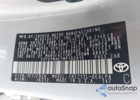 2021 Toyota Corolla Le из США, поврежденный, VIN 5YFEPMAE7MP165915